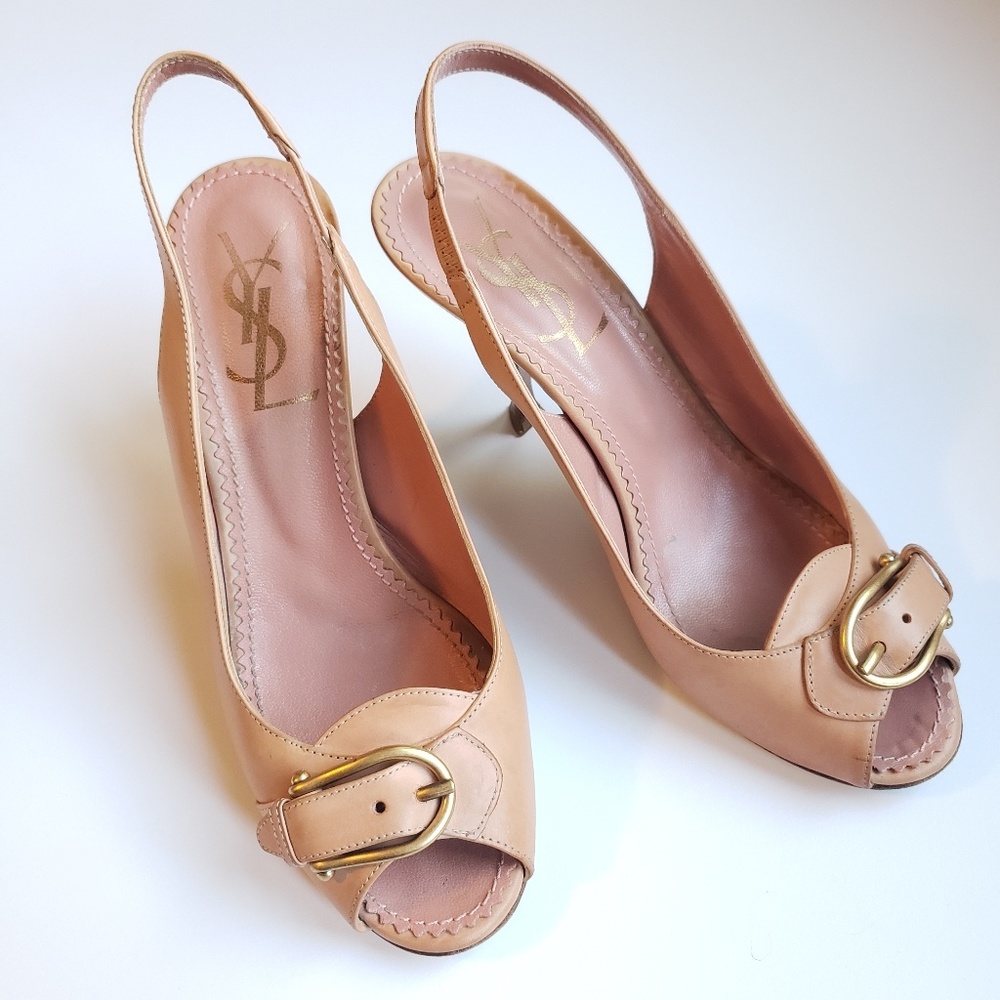 YSL Vintage Peach Slingback Buckle Pumps